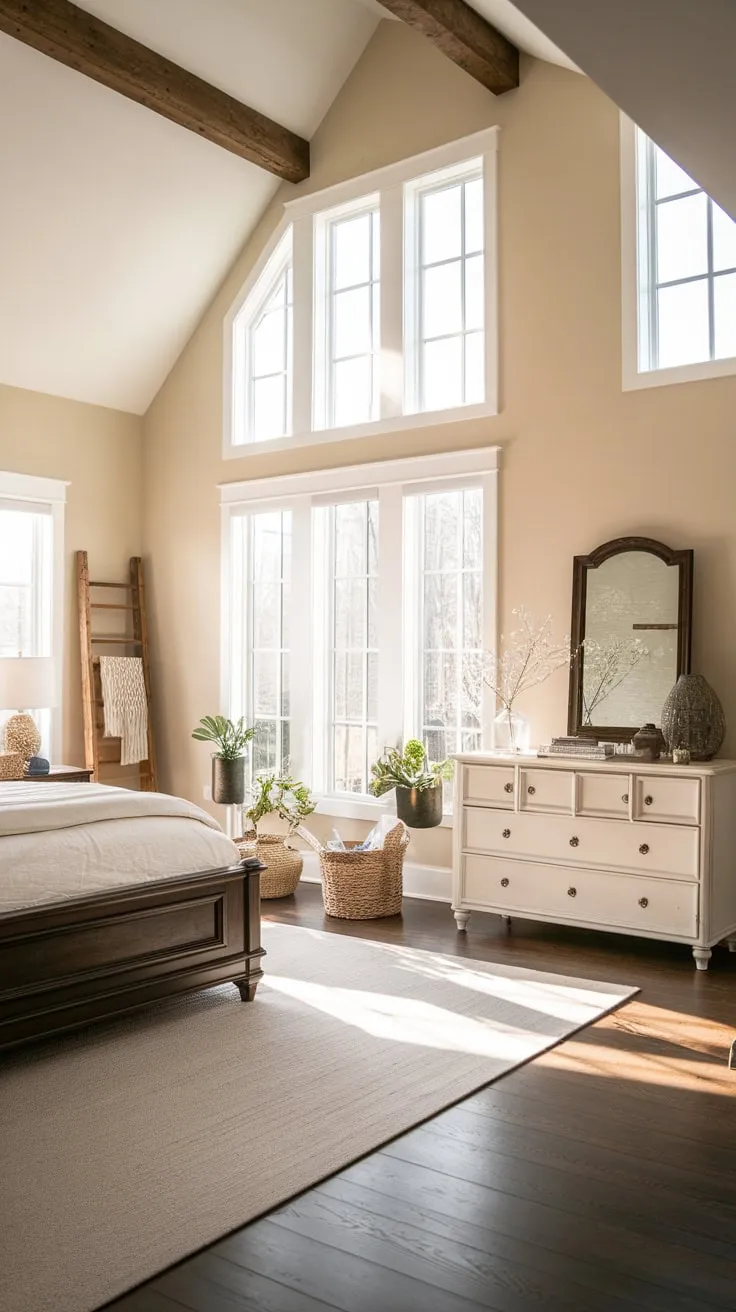 Sunlight streams into a modern farmhouse bedroom, highlighting a dark wood bed and charming décor against a backdrop of soft beige walls and dark wood floors.