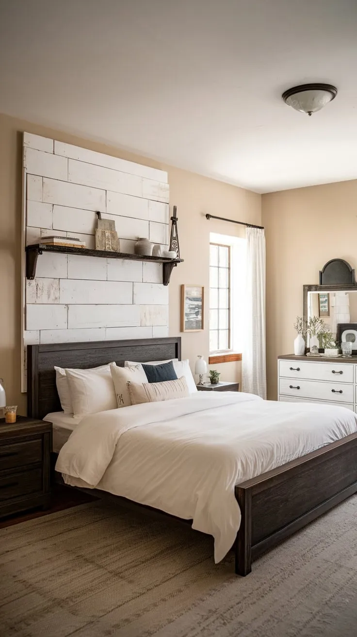 A king-size bed and white furnishings create a calming modern farmhouse bedroom with dark wood accents.