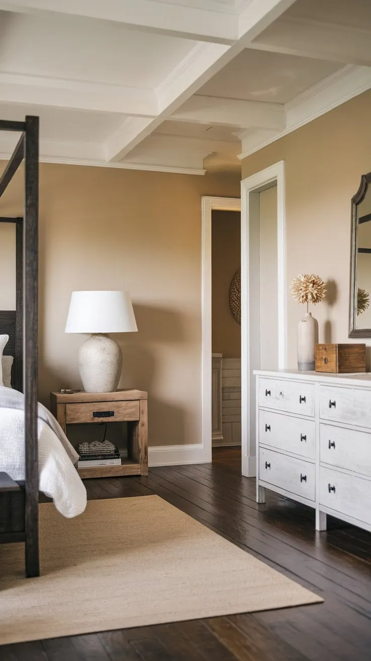 A calming beige and white farmhouse bedroom is updated with sleek modern lighting and dark wood flooring.