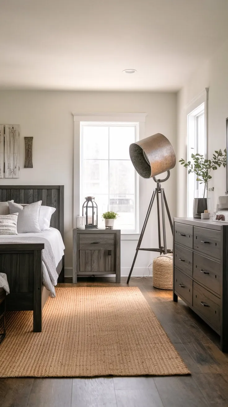 A dark wood farmhouse bedroom set, complemented by a woven rug and modern accents, creates a cozy and stylish retreat.