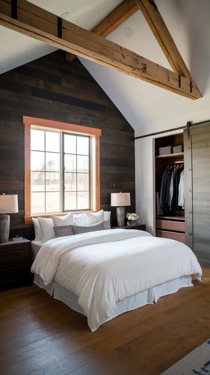 A modern farmhouse bedroom boasts a dark wood accent wall, comfortable bed, and large window with wooden beams, creating a cozy yet stylish retreat.