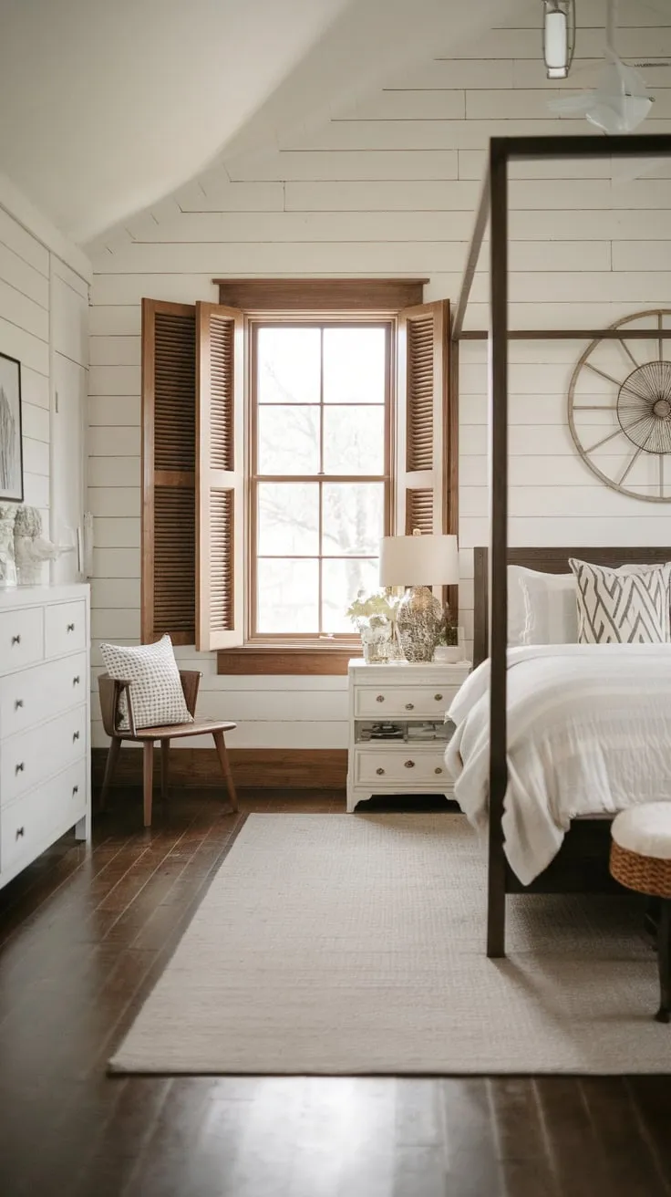 Warmth and modern style blend beautifully in this farmhouse bedroom, featuring shiplap walls, a dark wood bed, and ample natural light.