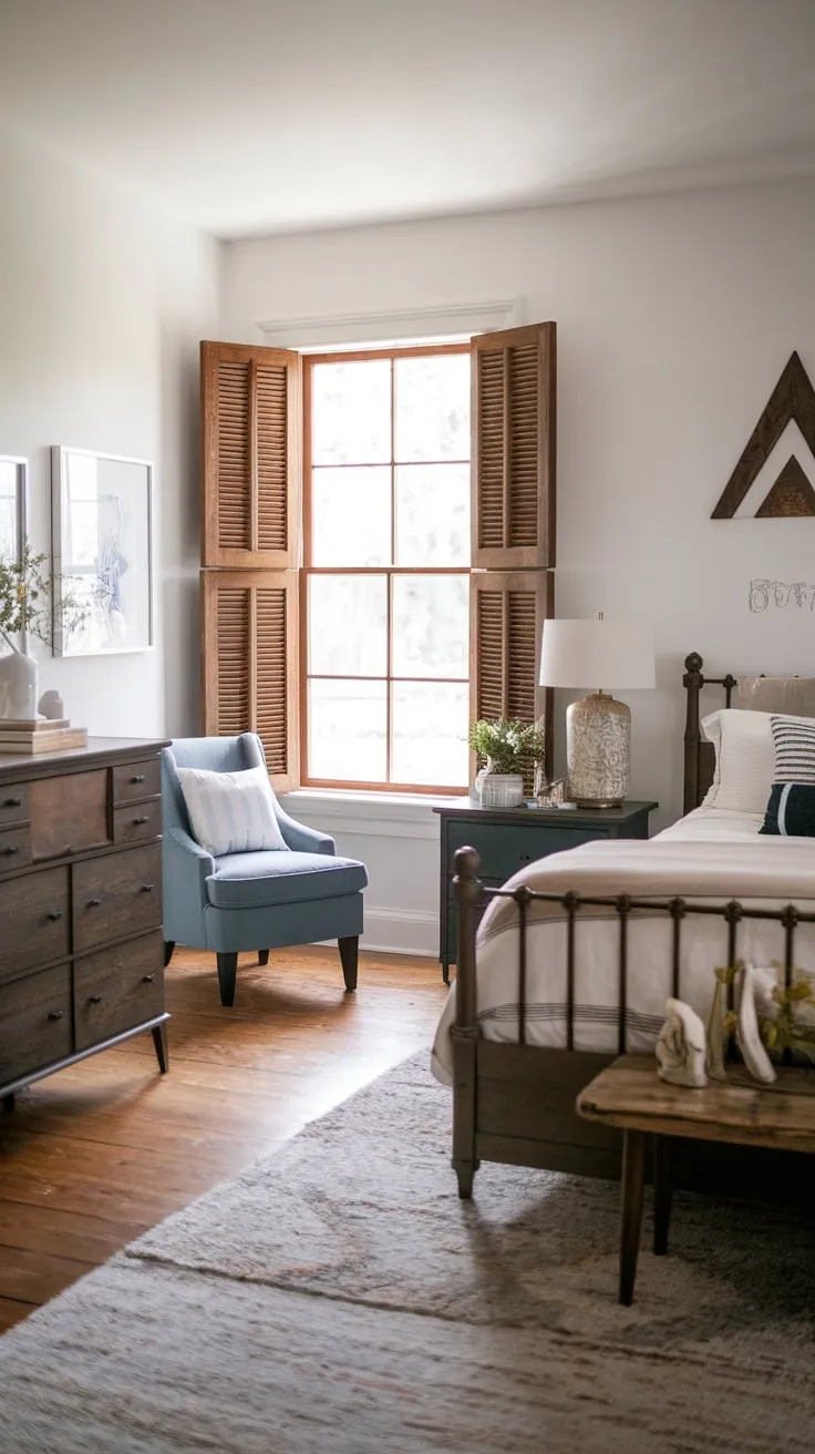 A plush rug and blue chair accent a dark wood farmhouse bedroom set against white walls and a wood floor, creating a charming modern space.