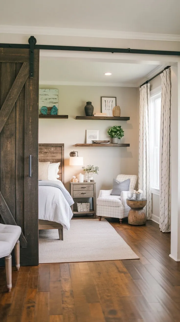 A cozy farmhouse bedroom boasts a dark wood barn door, wooden headboard, and hardwood floors, creating a modern yet comfortable retreat.