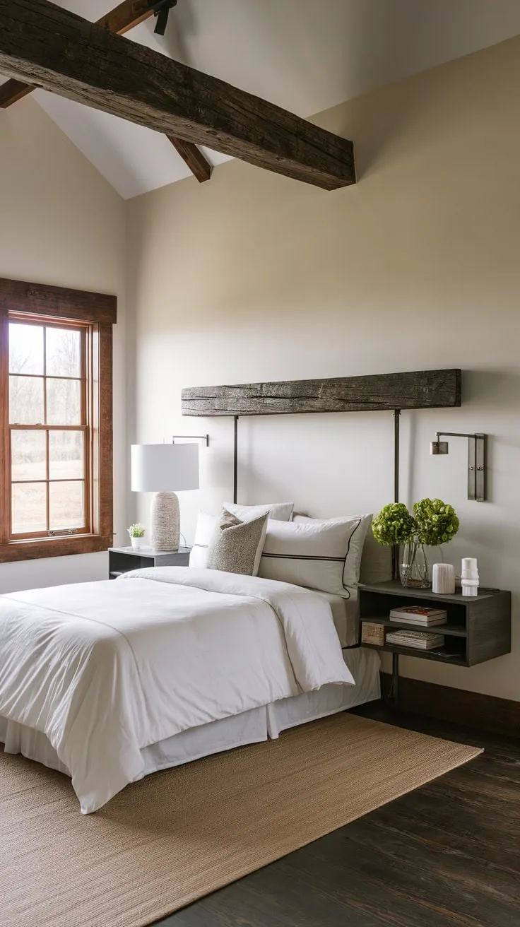 Modern farmhouse style meets cozy comfort in this bedroom featuring a queen bed, dark wood accents, and a large window.