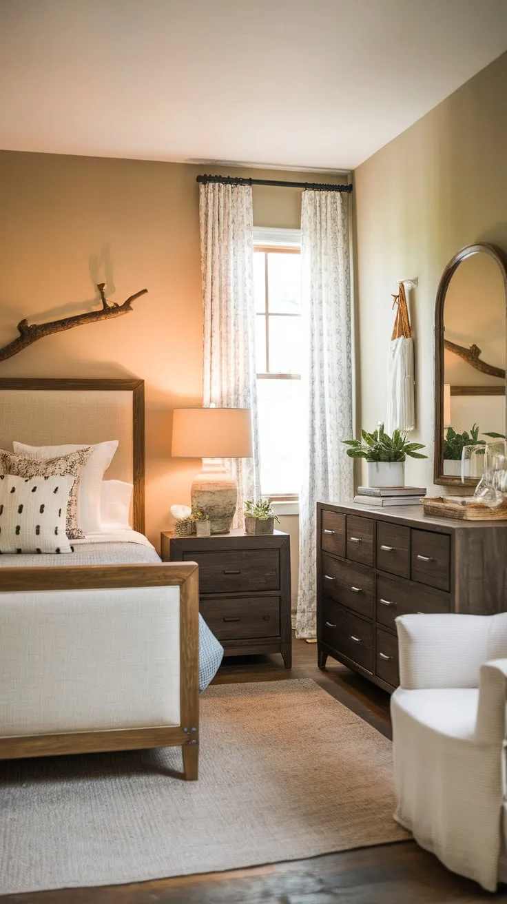 Warm lighting and a beige palette create a serene modern farmhouse guest room with a queen bed and dark wood dresser.