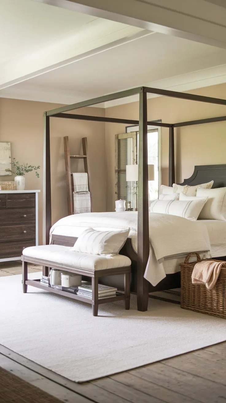 A calming farmhouse bedroom features a dark wood bed, white accents, and a cozy wooden floor.