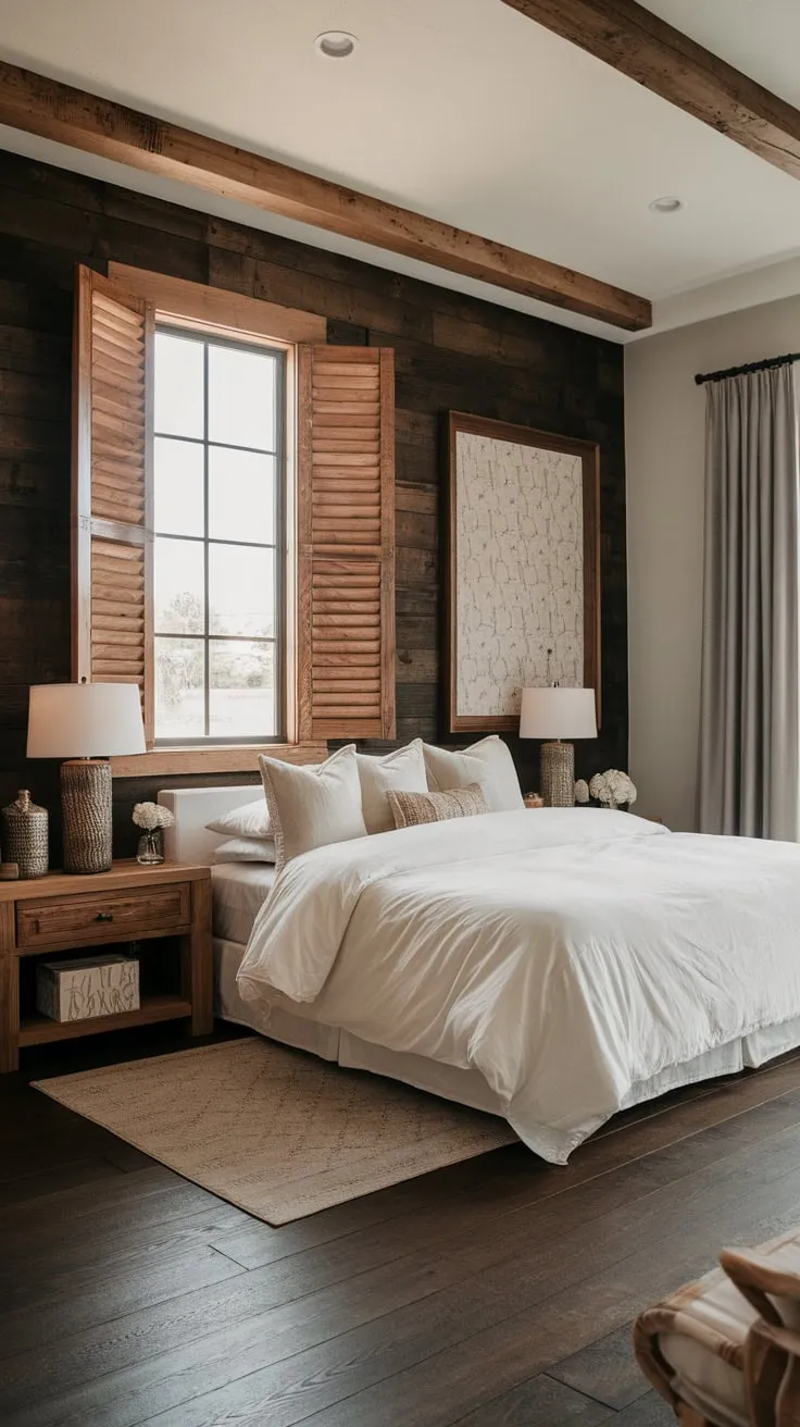 A king-sized bed and dark wood accents define this modern farmhouse bedroom's calming, inviting atmosphere.