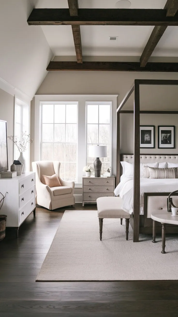 High ceilings and large windows illuminate a calming modern farmhouse bedroom, where dark wood accents contrast with light gray walls and a crisp white bed.