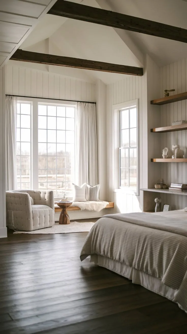 A queen-size bed and plush seating highlight a farmhouse bedroom's blend of dark wood, white walls, and abundant natural light.