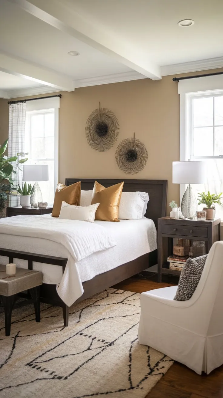 A calming beige and white farmhouse bedroom is stylishly updated with dark wood furniture and subtle gold details.