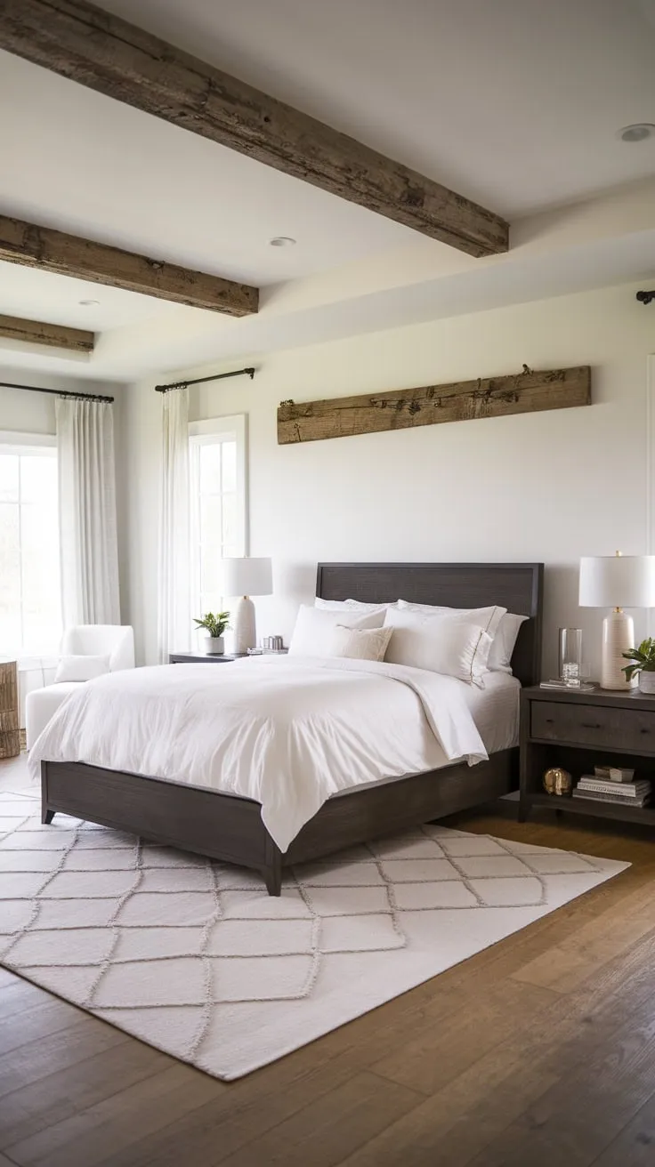 A modern farmhouse master bedroom boasts dark wood furniture and a calming white palette, accented by a striking wooden beam.