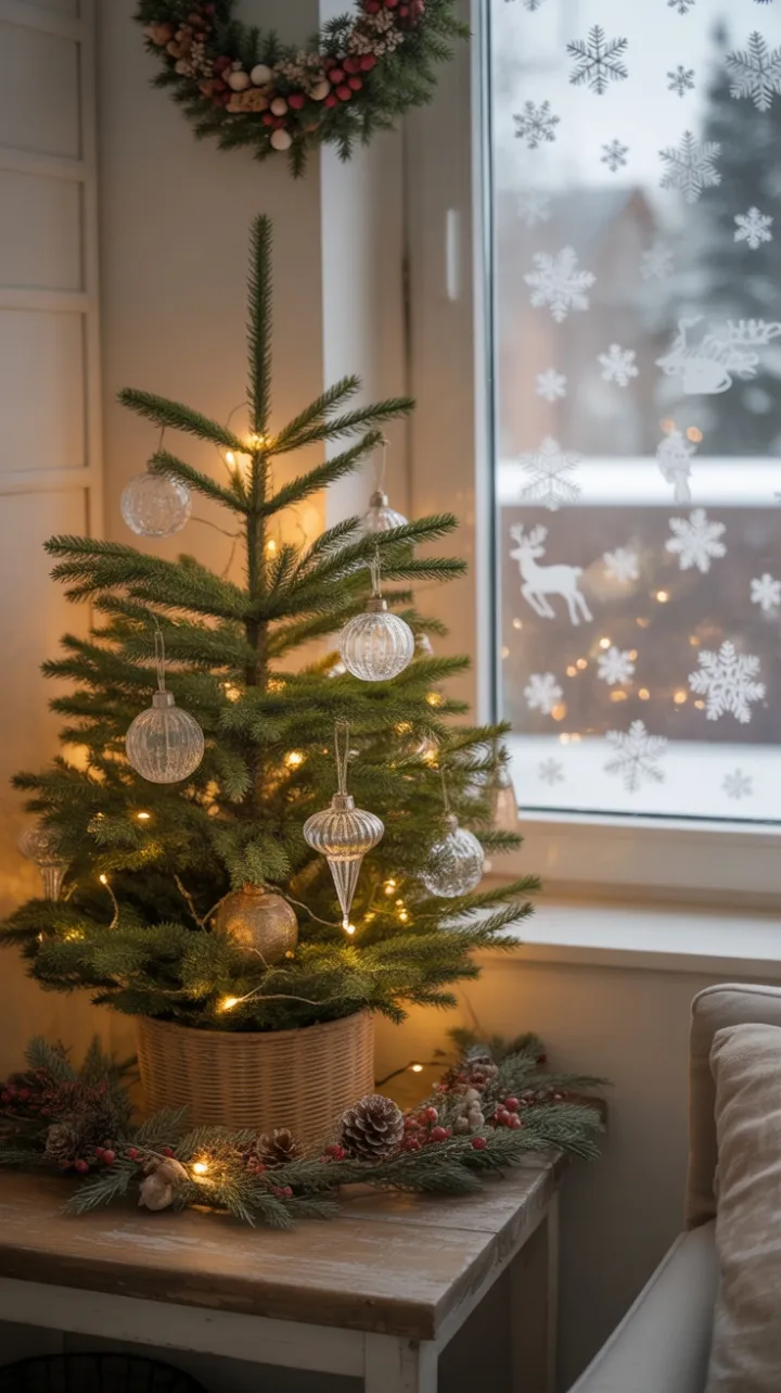 Farmhouse Christmas Nook Bathed in Warm Light and Gentle Snowfall
