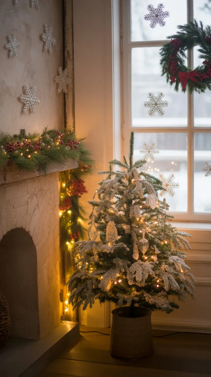 Snow-Kissed Farmhouse Christmas with Antique Ornaments and Warm Fairy-Light Glow