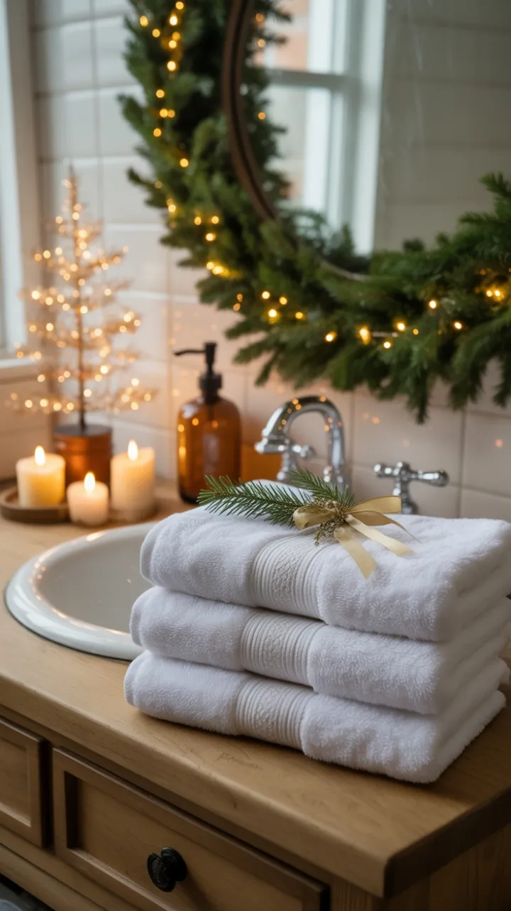Cozy Farmhouse Christmas Bathroom with Plush Towels and Candlelit Warmth