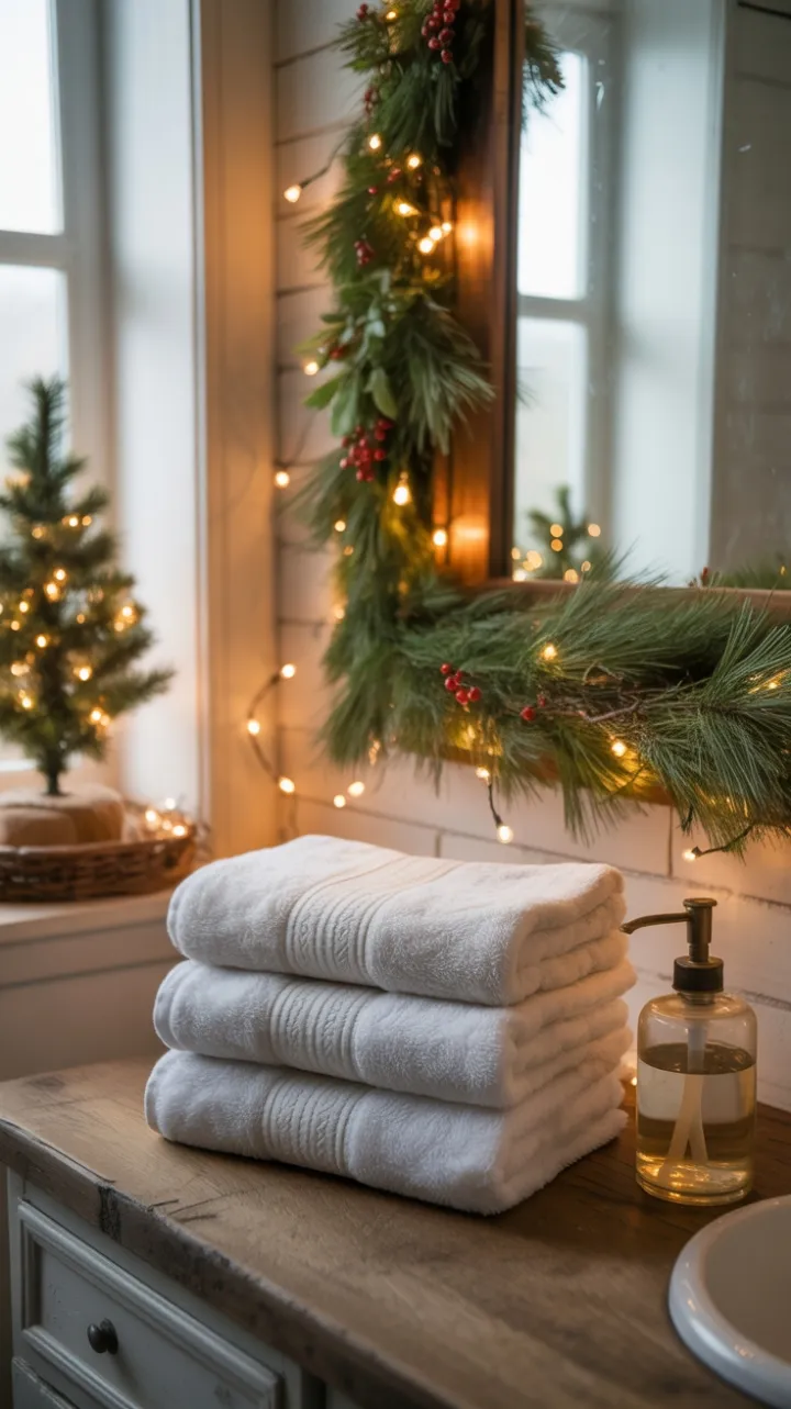 Cozy Farmhouse Bathroom Wrapped in Christmas Glow