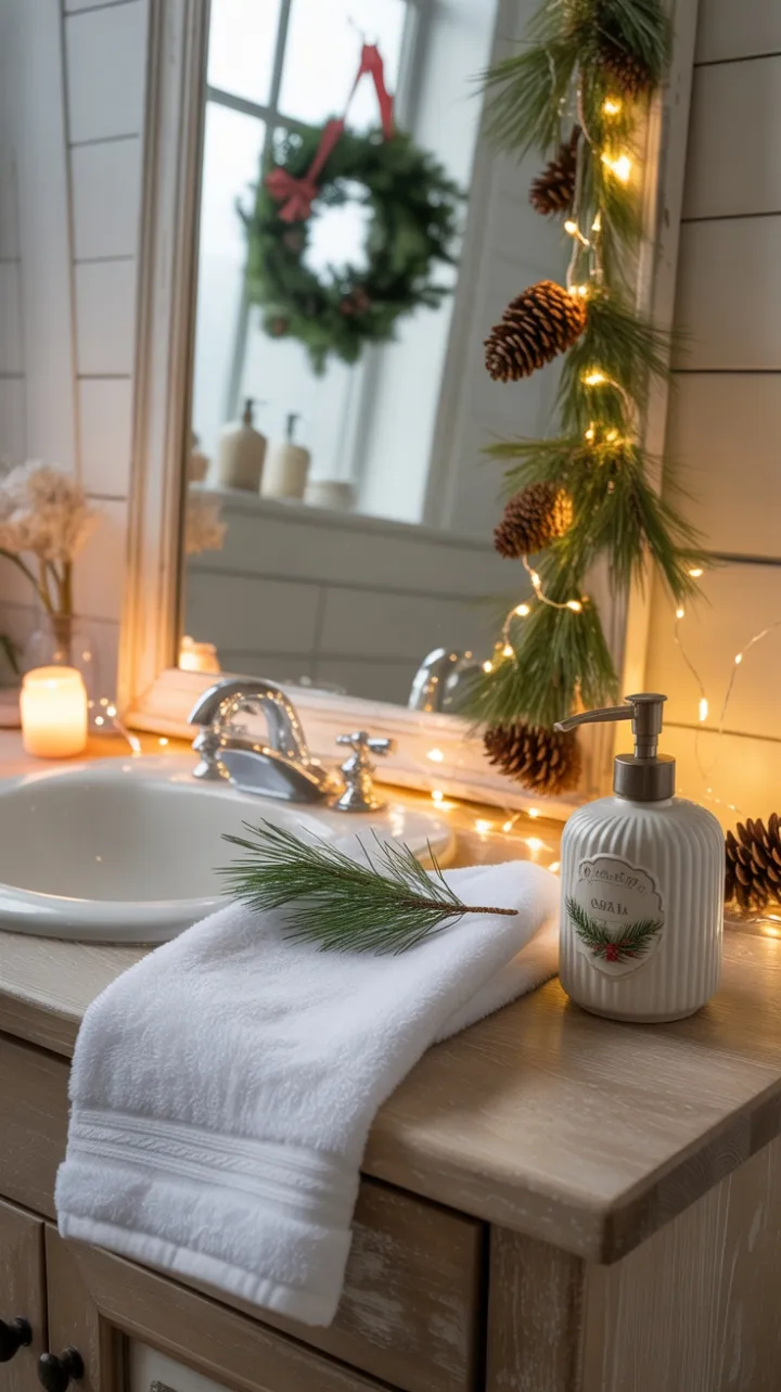 Candlelit Farmhouse Bathroom Dressed for Christmas