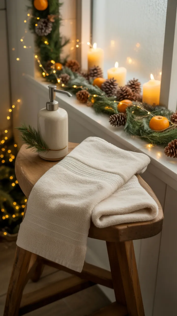 Cozy Candlelit Farmhouse Bathroom Dressed for Christmas