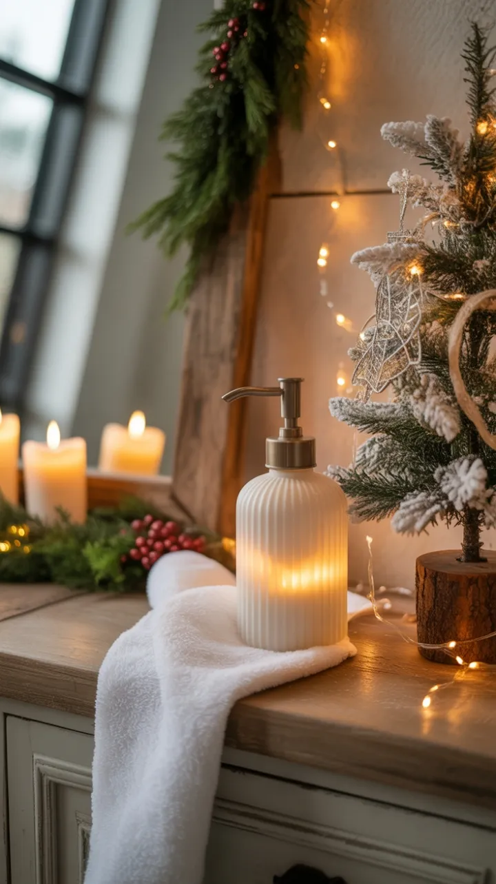 Candlelit Farmhouse Bathroom Dressed for a Cozy Christmas