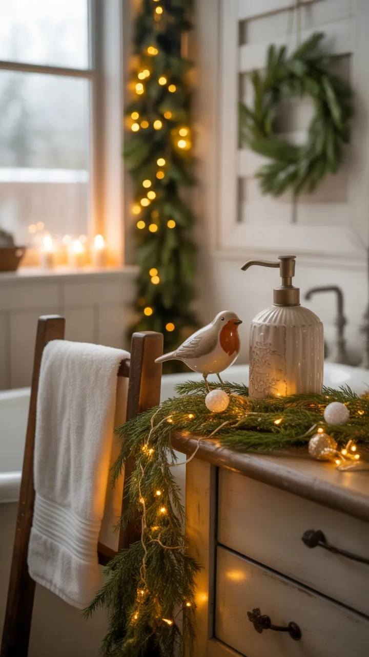 Candlelit Farmhouse Christmas Bath with Robin-Topped Soap and Twinkling Garland
