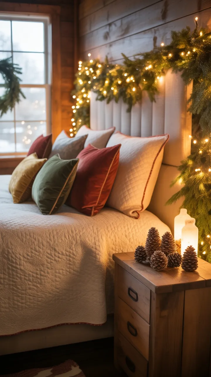 Snow-Kissed Farmhouse Bedroom Wrapped in Christmas Glow