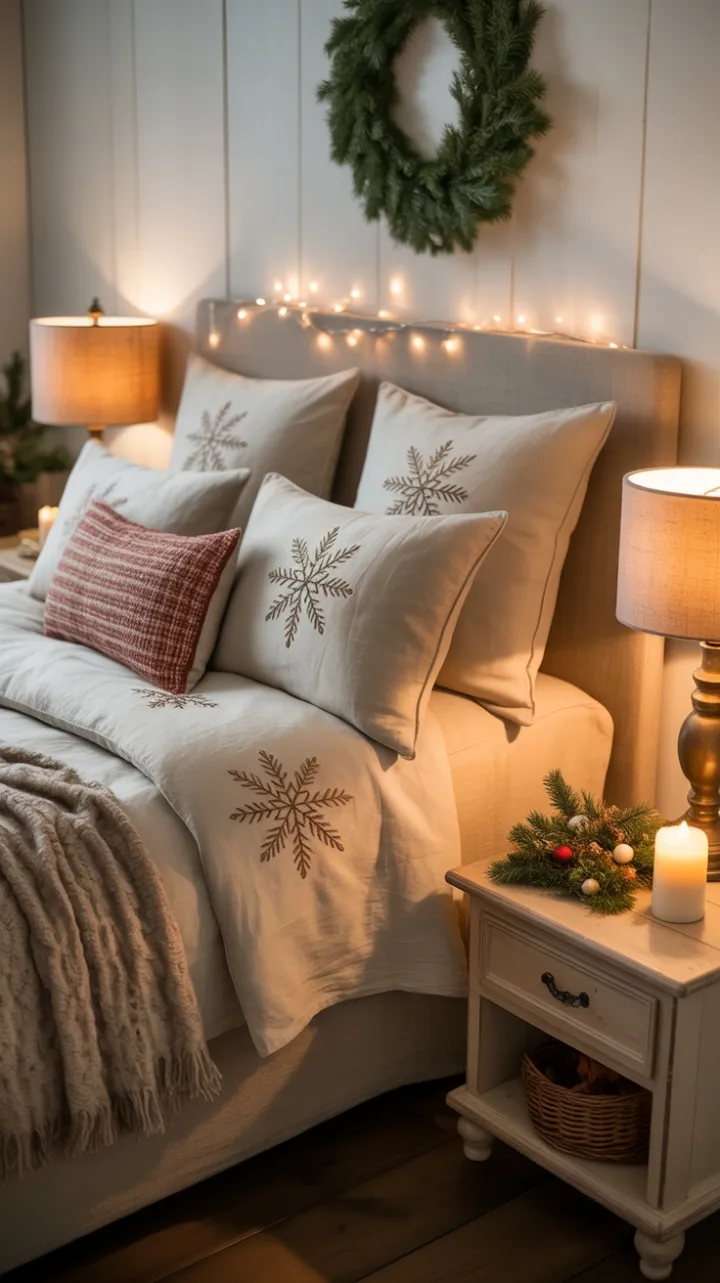 Cozy Farmhouse Christmas Bedroom with Snowflake Linen and Twinkling Lights