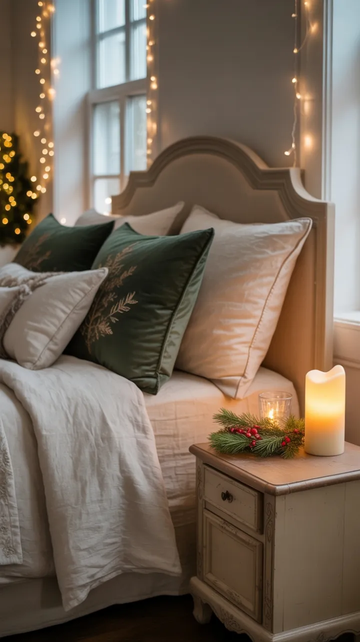 Cozy Farmhouse Christmas Bedroom Wrapped in a Warm Glow