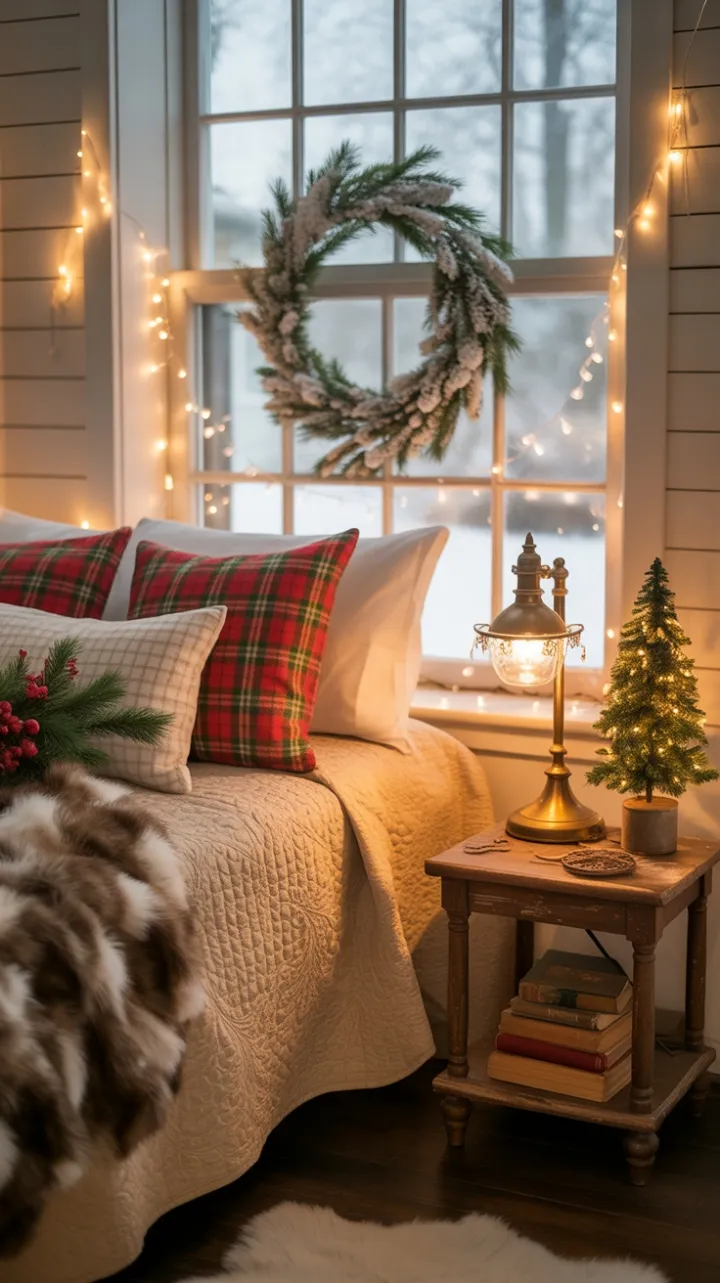 Snow-Kissed Farmhouse Bedroom Draped in Vintage Holiday Warmth