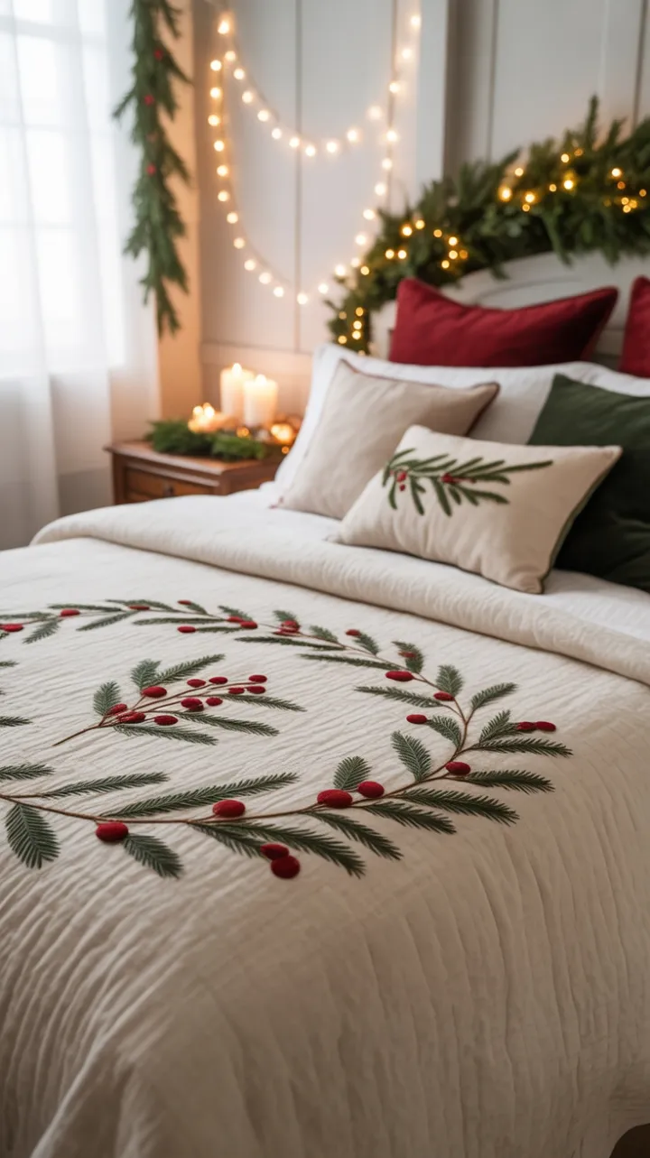 Cozy Farmhouse Christmas Bedroom Wrapped in Warm Fairy Light