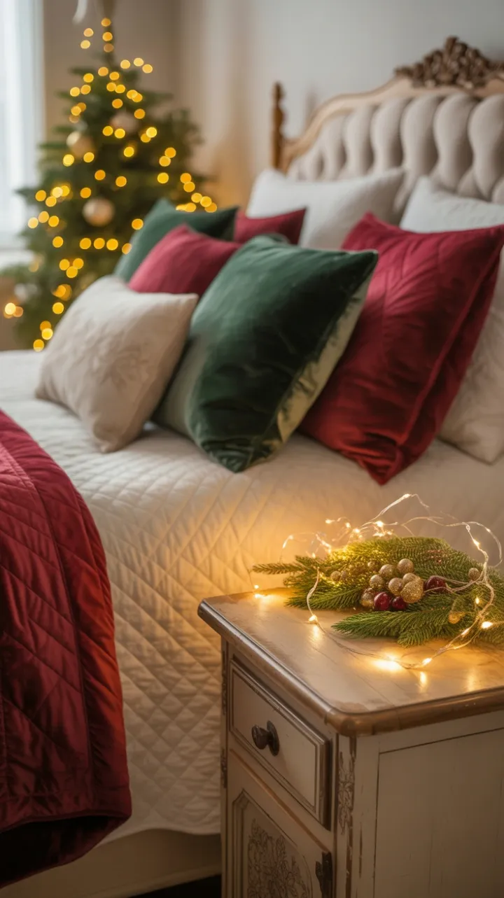 Warm Cranberry Quilts and Twinkling Evergreen Lights