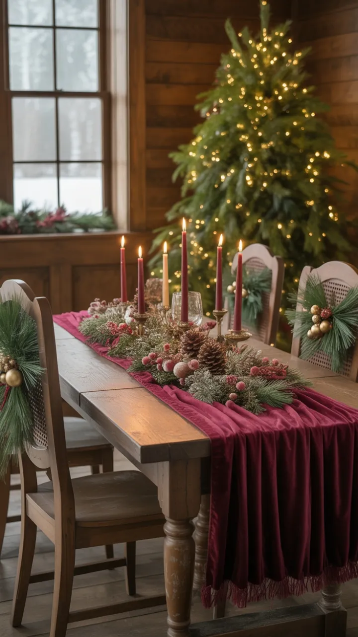 Cozy Farmhouse Christmas with Burgundy Velvet and Candlelight