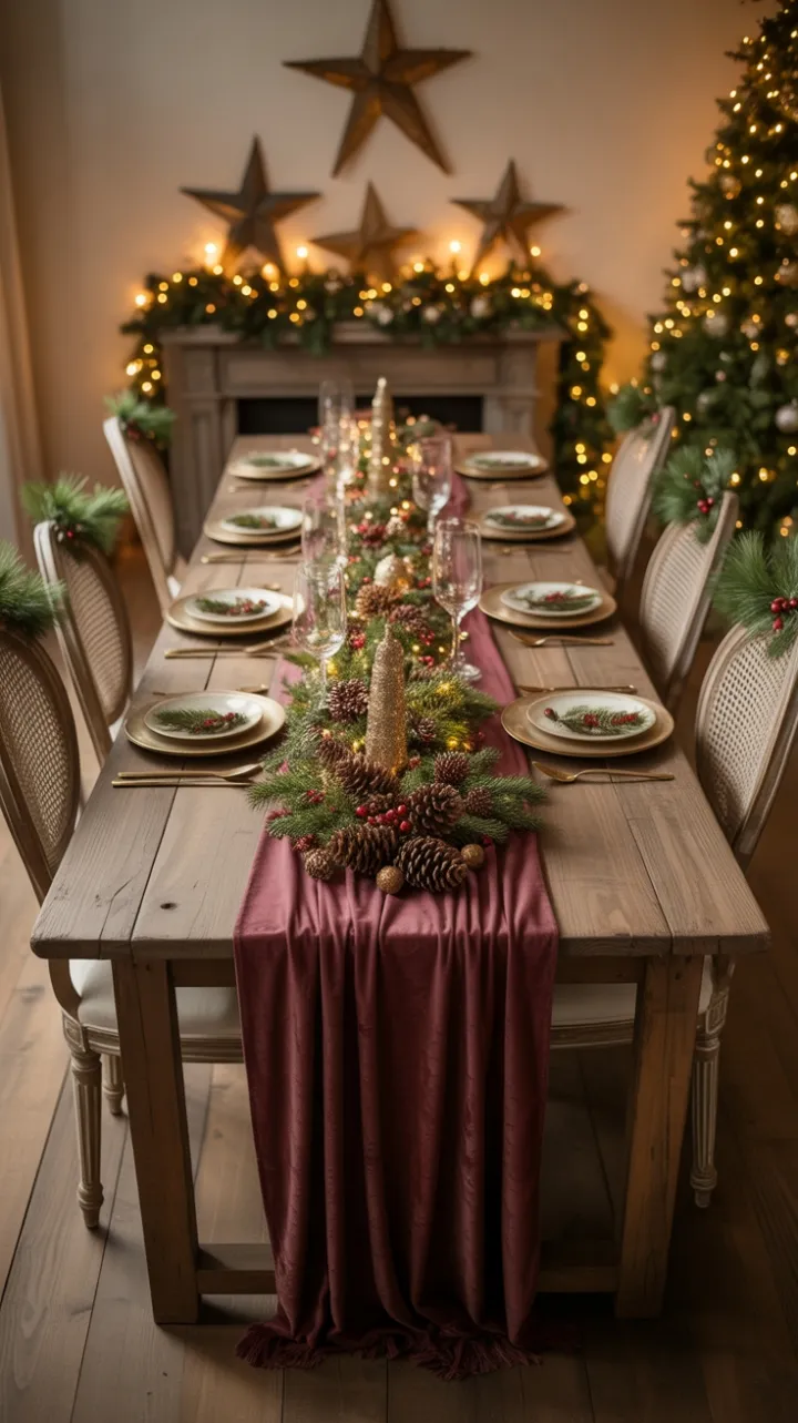 Cozy Farmhouse Christmas Table Dressed in Burgundy Velvet and Twinkling Lights