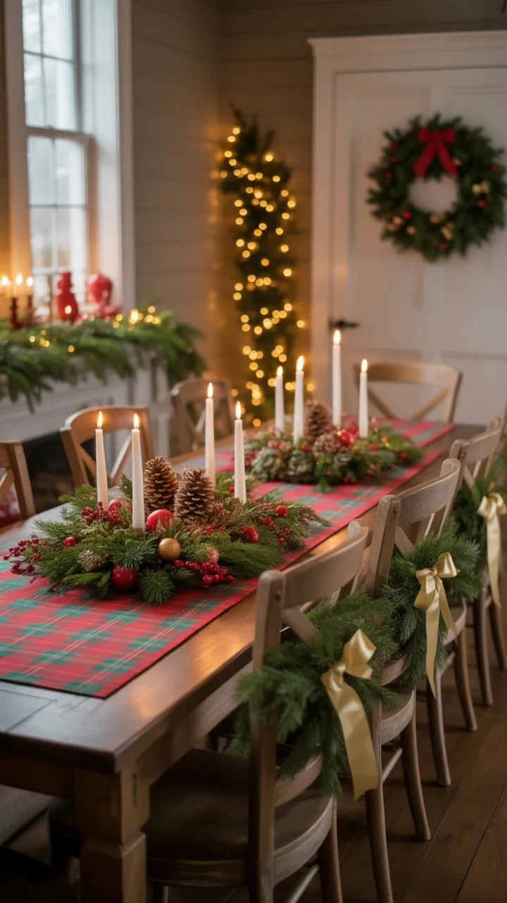 Plaid and Pine Holiday Table in a Cozy Farmhouse