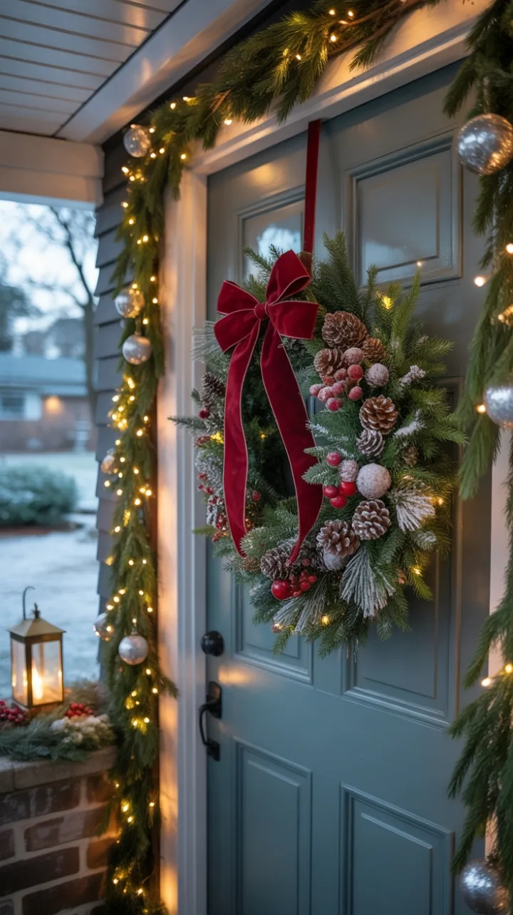 Snow-Kissed Farmhouse Welcome Dressed in Crimson and Light