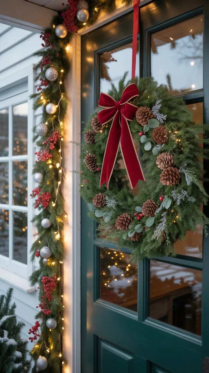Snow-Kissed Farmhouse Door with Crimson Bow and Twinkling Lights