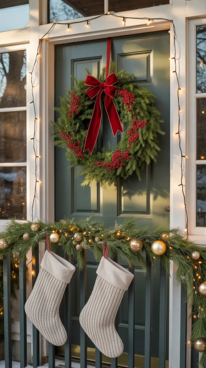 Snow-Kissed Farmhouse Porch with Velvet Bow and Twinkling Lights