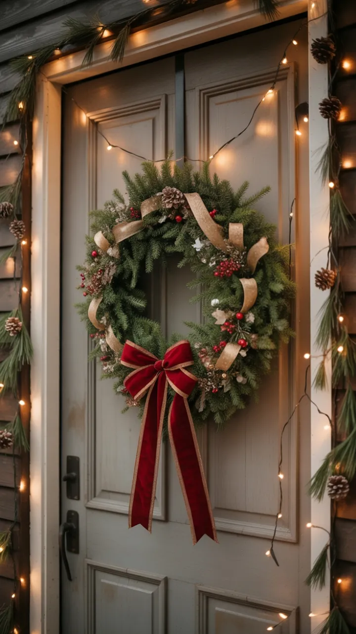 Farmhouse Door Wrapped in Christmas Cheer