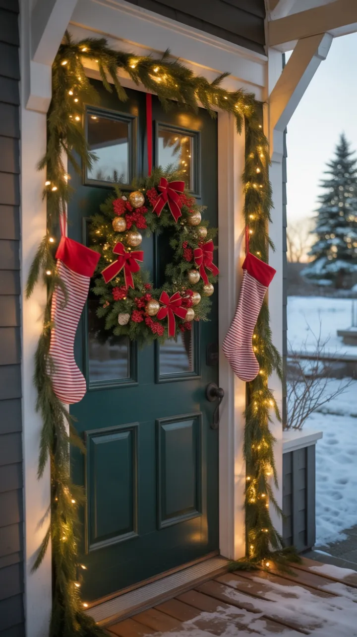 Snow-Dusted Farmhouse Doorway Dressed in Wreaths, Lights, and Holiday Cheer