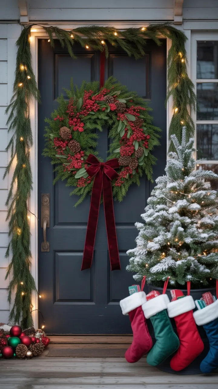 Velvet-Bow Holiday Welcome at a Snow-Kissed Farmhouse
