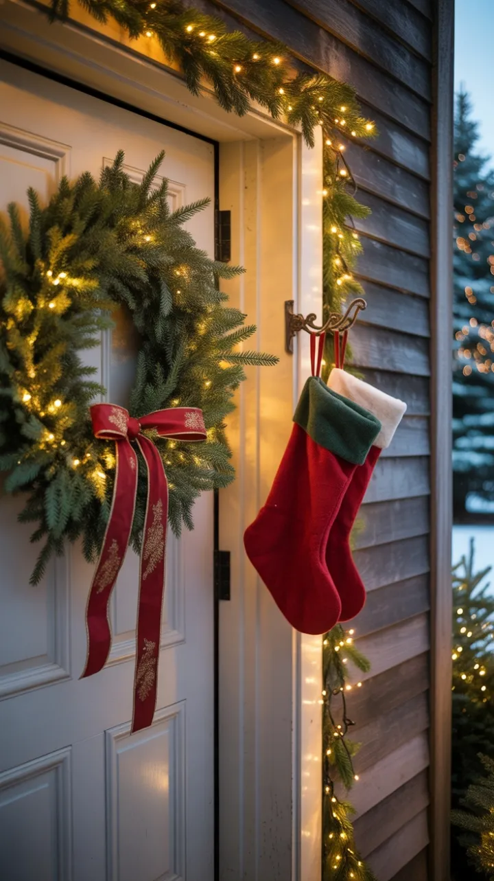 Crimson Ribbon and Twinkling Lights at the Farmhouse Door
