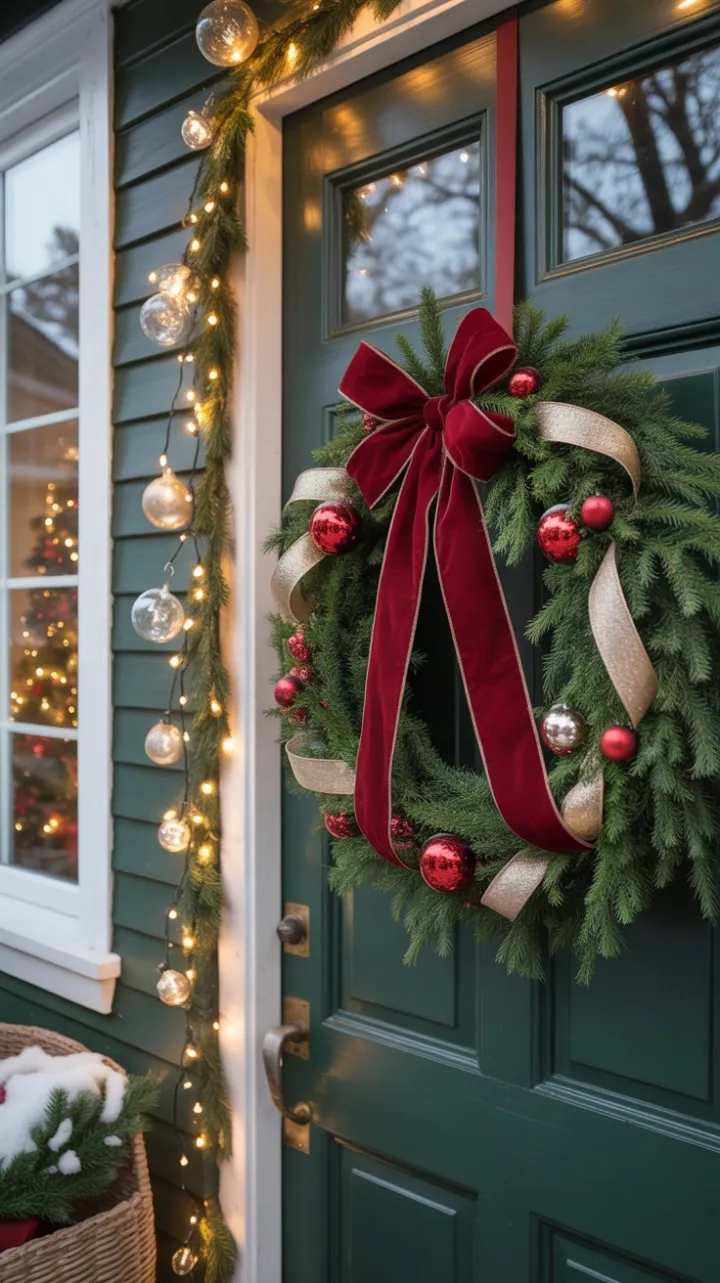 Snow-Kissed Farmhouse Door Draped in Velvet Bows and Golden Lights