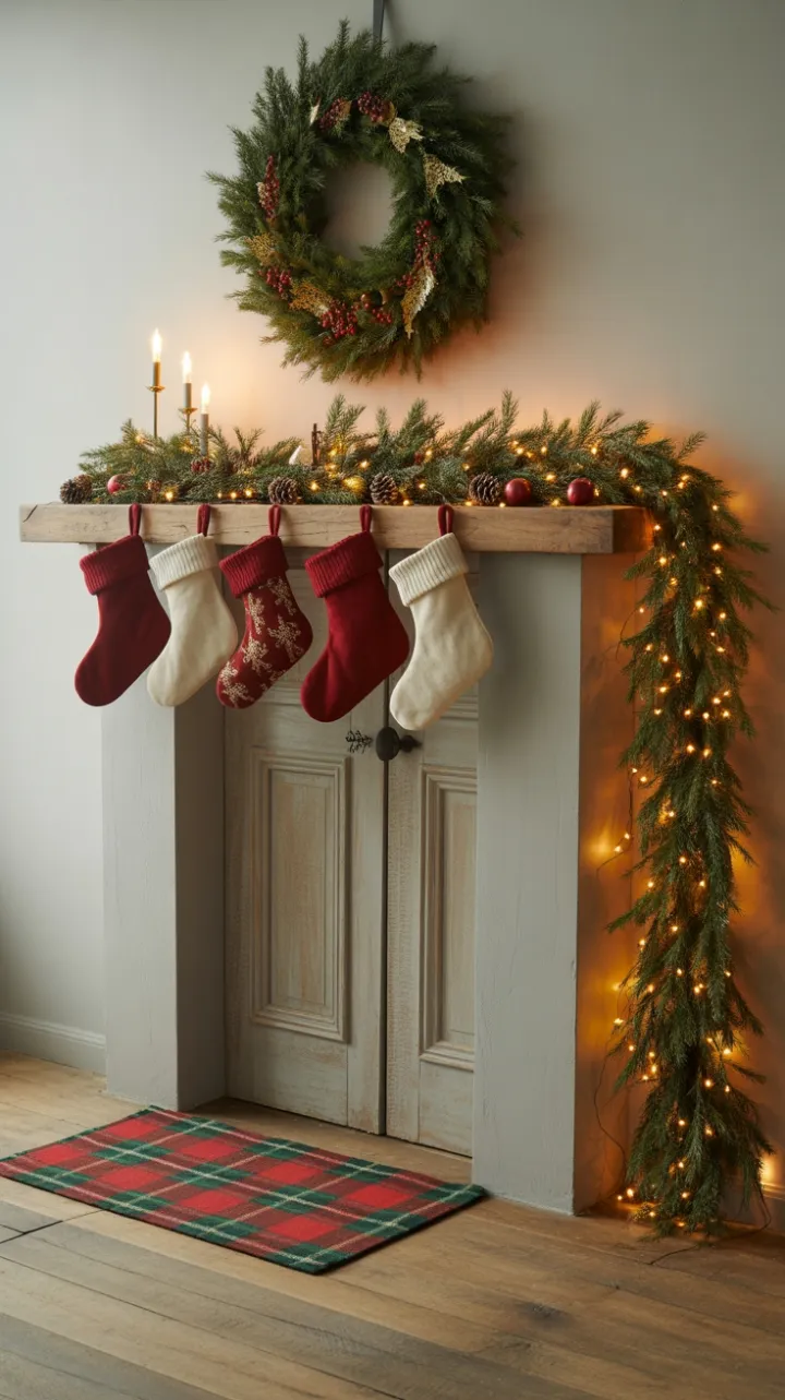 Cozy Farmhouse Christmas Welcome with Evergreen Wreath and Plaid Mat