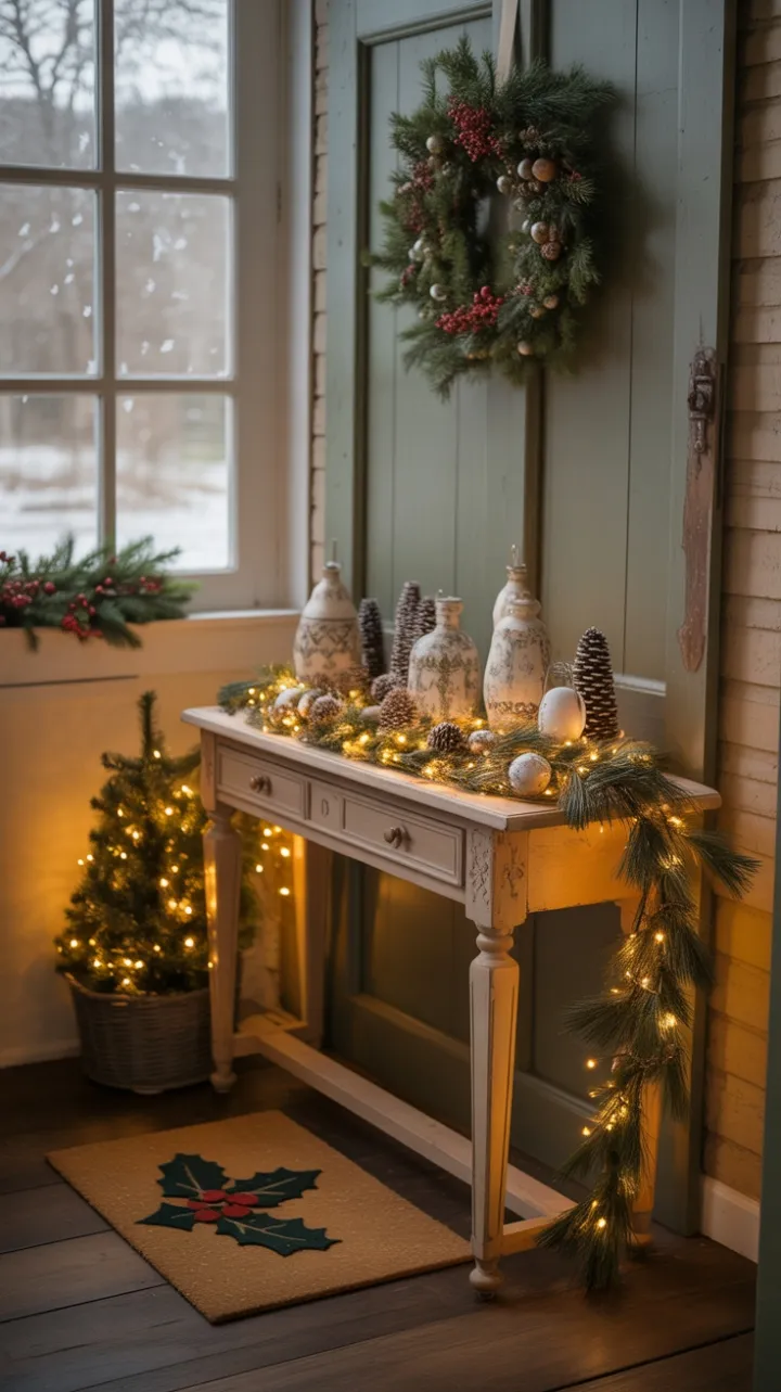 Warm Rustic Christmas Welcome with Twinkling Lights and Vintage Charm