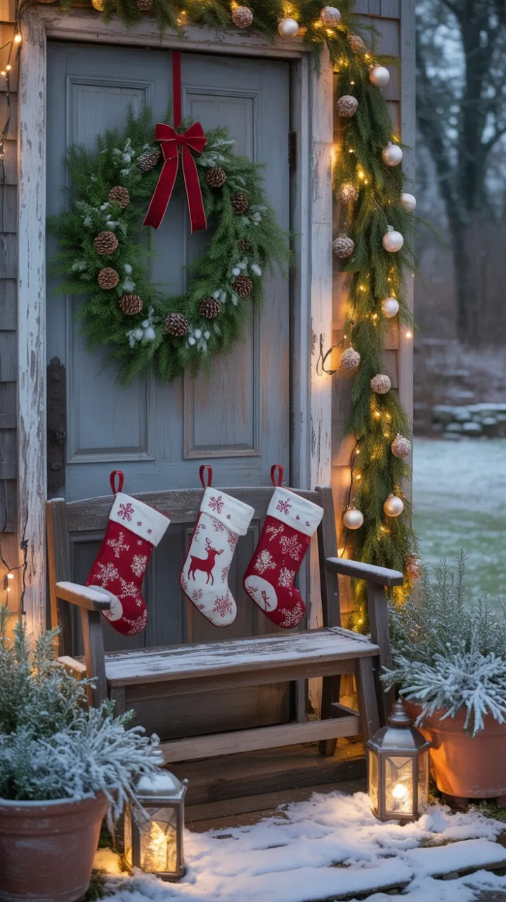 Snow-Kissed Farmhouse Porch Dressed in Velvet Bows and Twinkling Lights