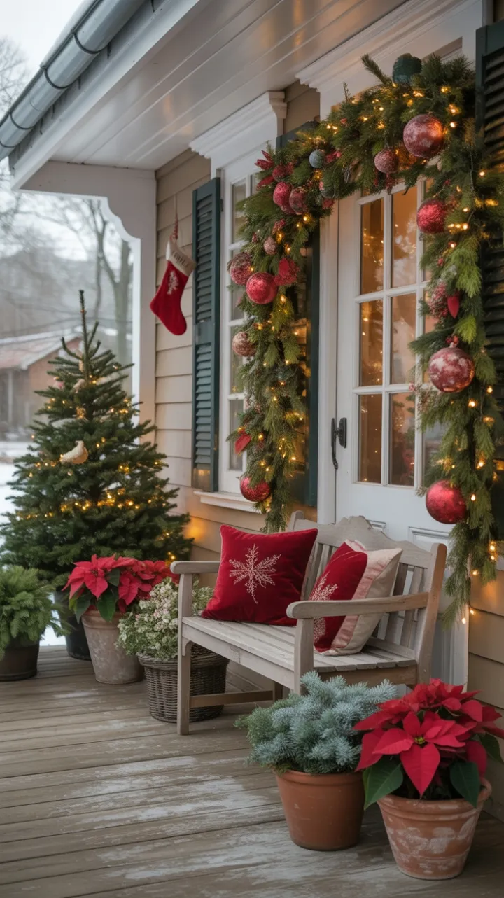 Snow-Kissed Farmhouse Porch Welcomes a Cozy Christmas