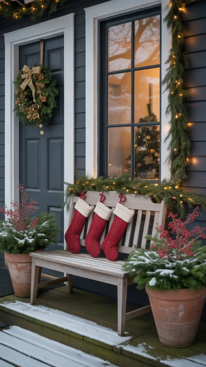Snow-Kissed Farmhouse Porch Dressed in Twinkling Christmas Cheer