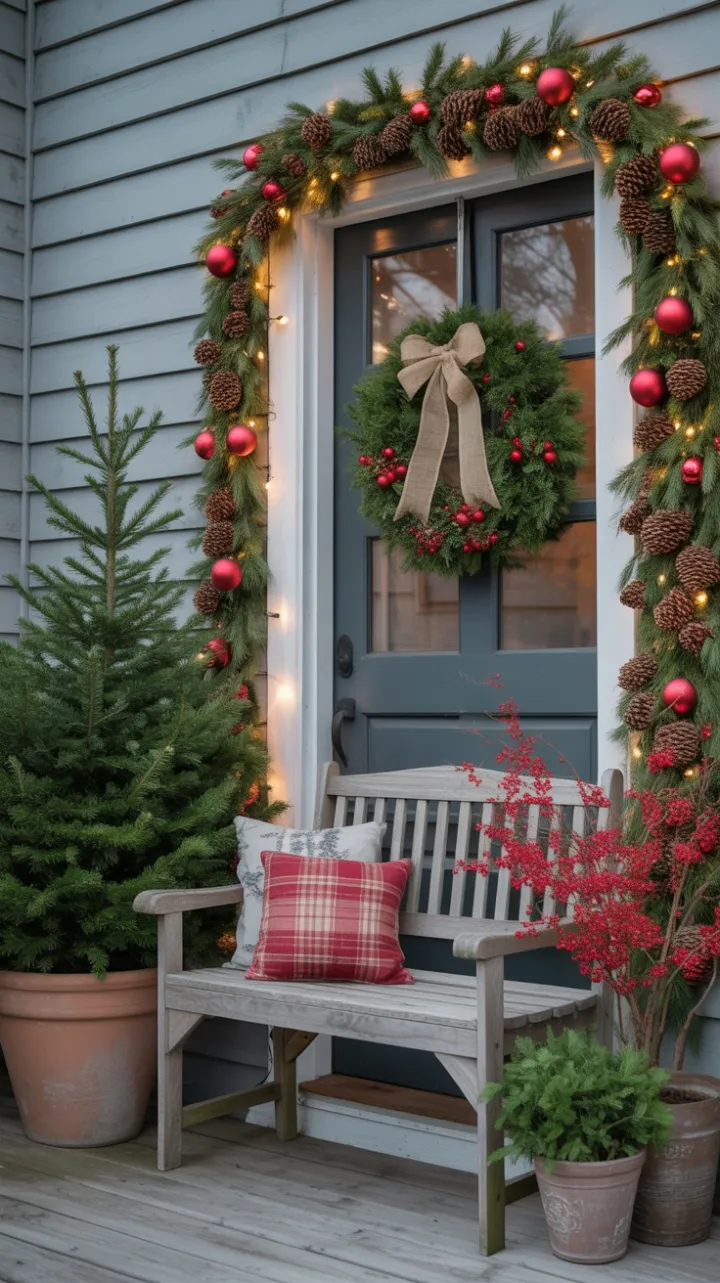 Cozy Farmhouse Christmas Porch Aglow with Garland, Pinecones, and Berries