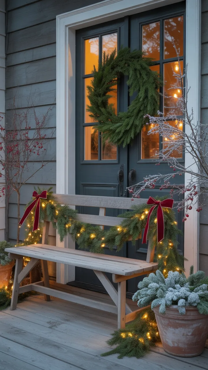Twilight Warmth on a Cozy Farmhouse Christmas Porch