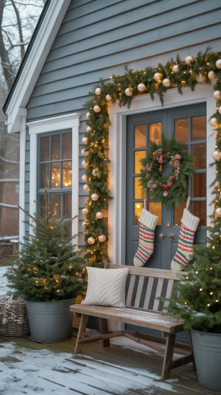 Snow-Kissed Farmhouse Porch Bathed in Warm Holiday Glow