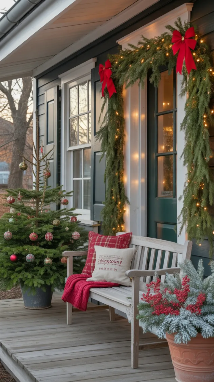 Golden-Hour Farmhouse Porch Dressed in Christmas Cheer